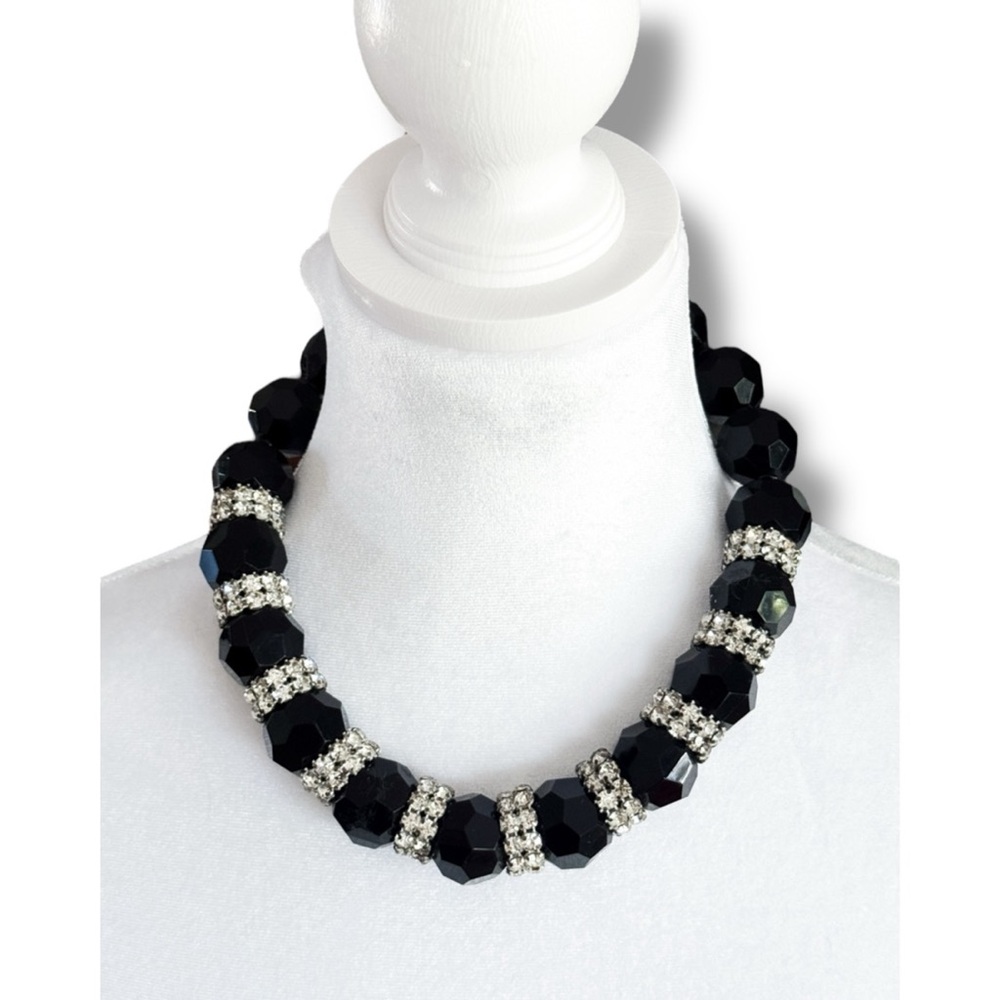 Vintage Black Glass Bead Necklace, Faceted Beads, Rhinestones, Cocktail Costume